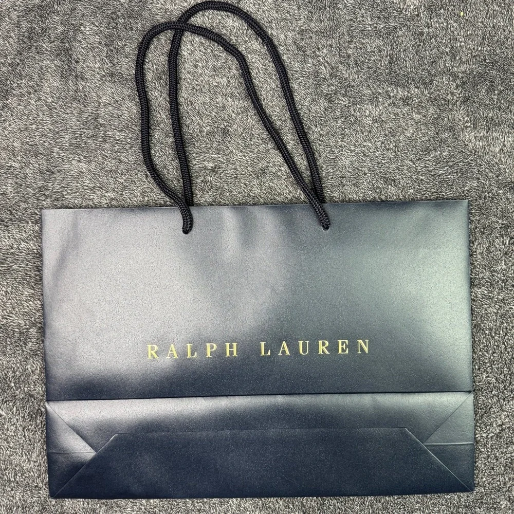 Ralph Lauren Navy Blue Large Paper Shopping Bag Gold Logo Rope Handles 16x11x4